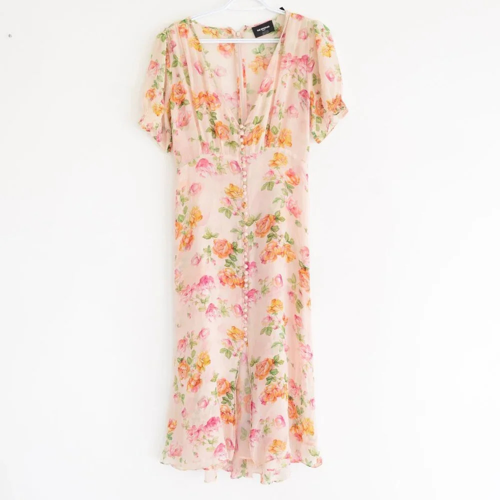 Kooples Antique Pink Floral 100% Silk Puff Sleeve Button Down Slip Midi Dress